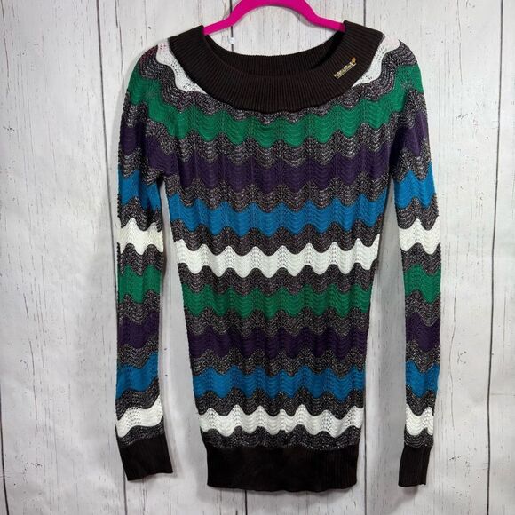 Apple Bottoms Womens Y2K Sweater Knit Zig Zag Brown Green Crewneck Long Sleeve - Picture 1 of 15